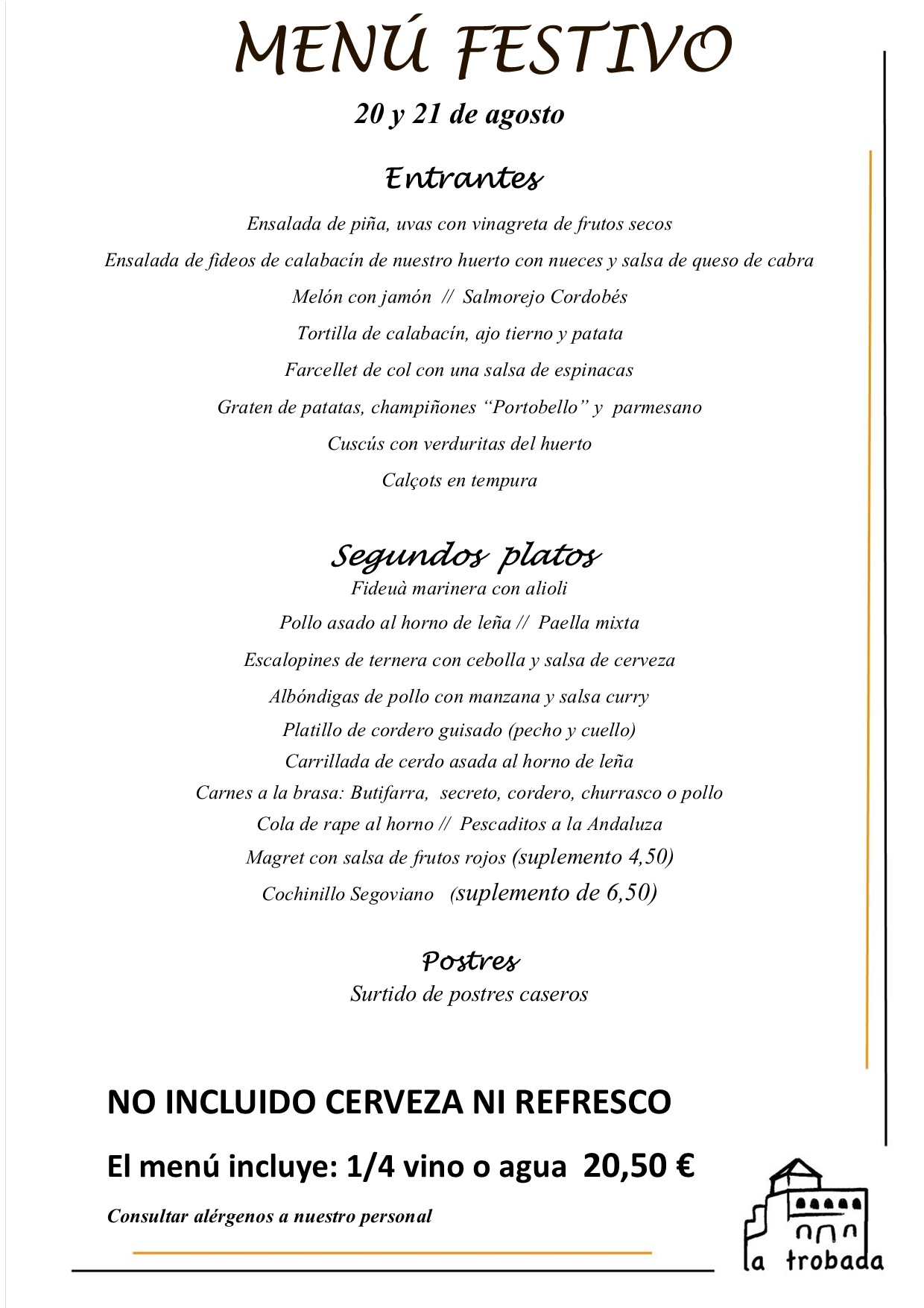 Menú fin de semana Restaurant La Trobada